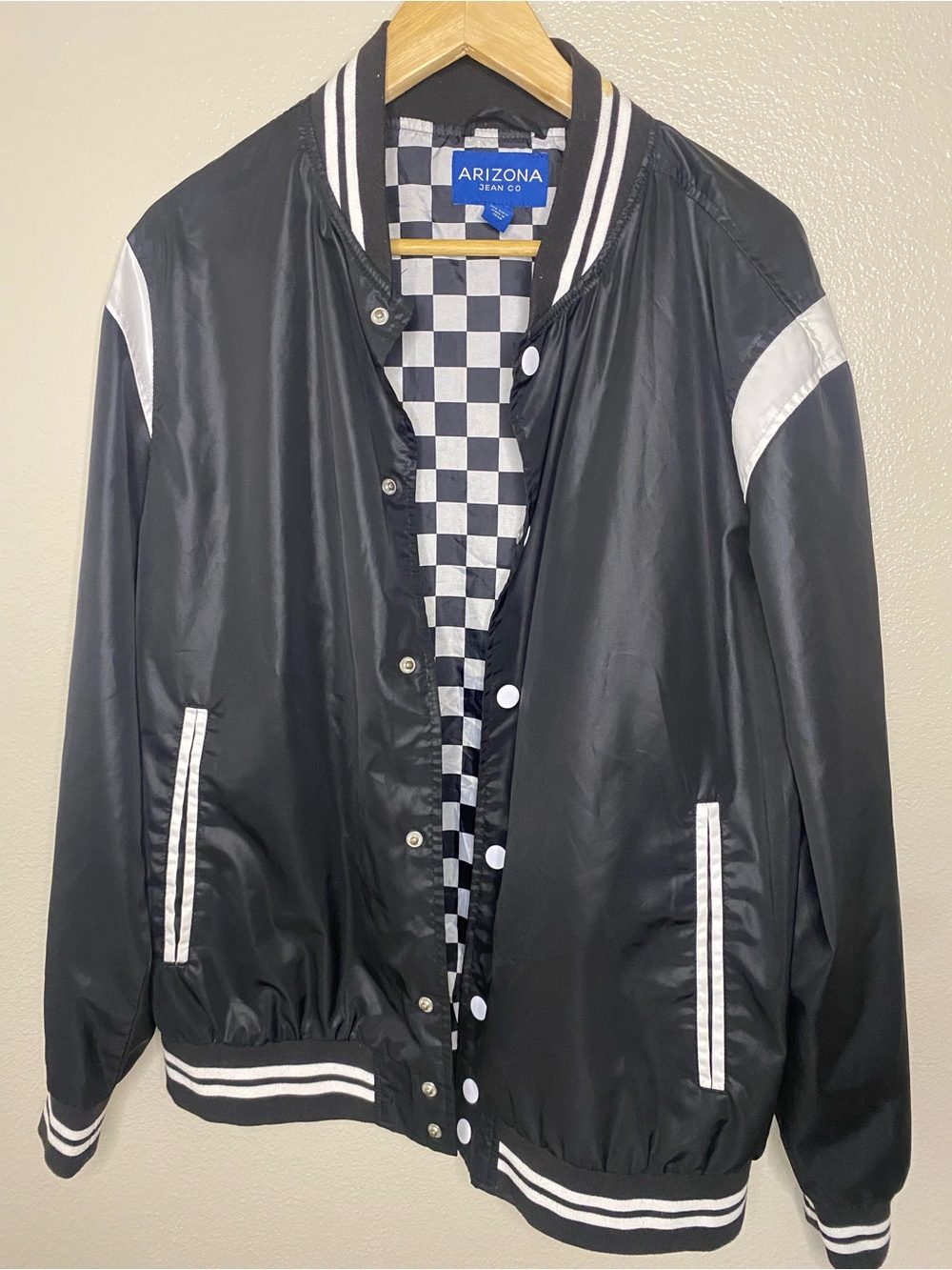 📚Streets Smart😎Arizona Jean Company Black/White Checker Lined Varsity Bomber